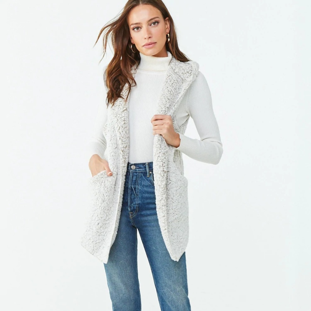 Faux Shearling Hooded Vest - SAND - Picture 3 of 3